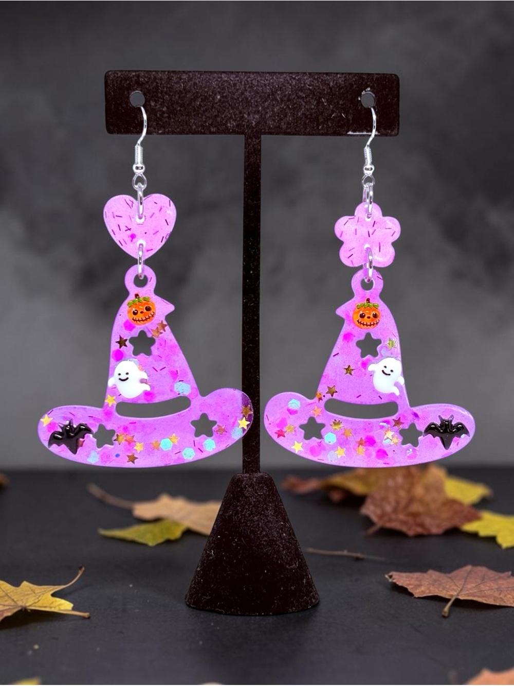 Handmade Pink Witch Hat Halloween Earrings